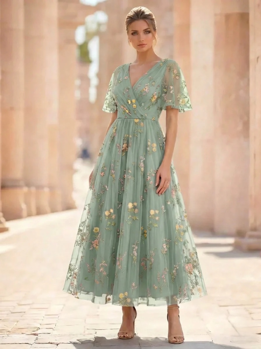 Sage Green Floral Embroidered V-Neck A-Line/Princess Floral Cocktail Dress